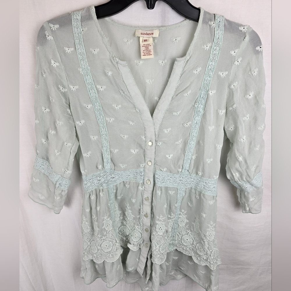 SunDance Women's Silk Lace Eyelit Mint Green Blouse Cottagecore Sz XS - Picture 2 of 9